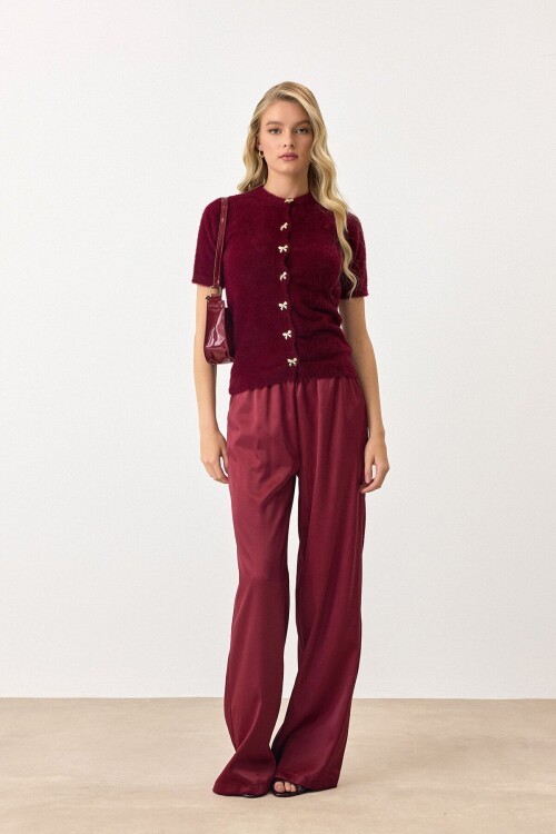 Bordo Kısa Kollu Düğmeli Triko Hırka