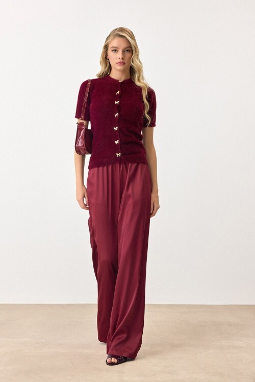 Bordo Kısa Kollu Düğmeli Triko Hırka