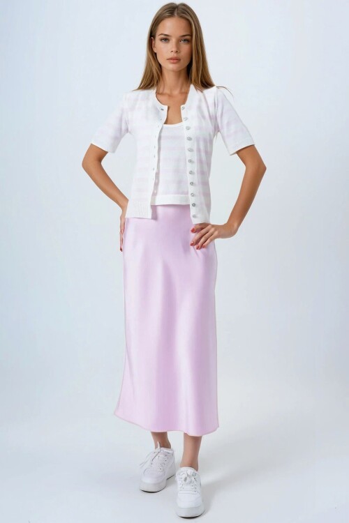 Pembe Kolsuz Bluz Ve Düğmeli Triko Hırka