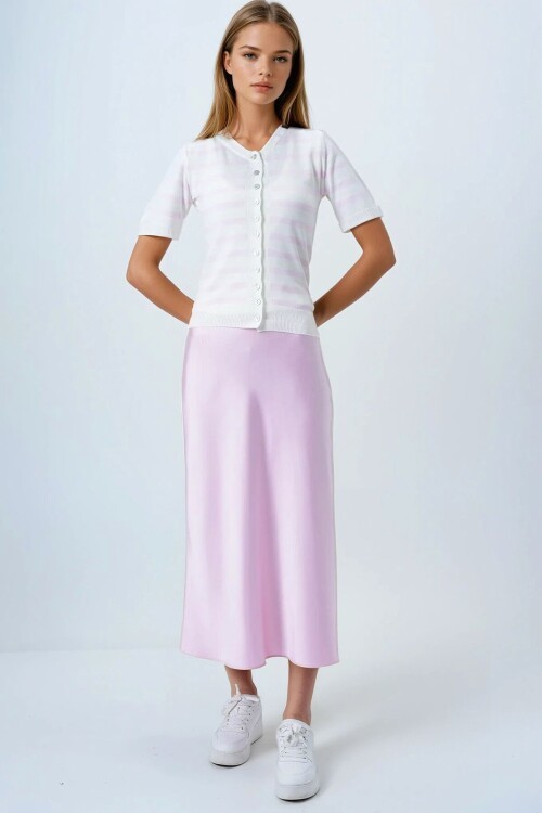 Pembe Kolsuz Bluz Ve Düğmeli Triko Hırka