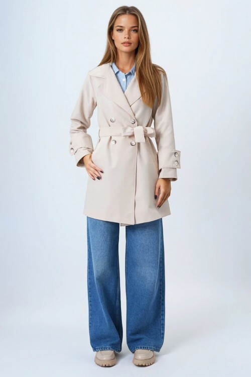 Bej Kruvaze Yaka Bağlamalı Astarlı Trençkot