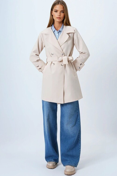Bej Kruvaze Yaka Bağlamalı Astarlı Trençkot