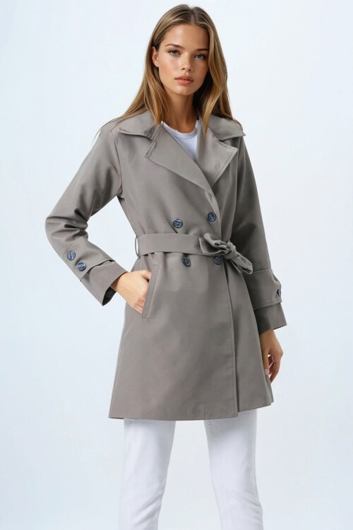 Haki Kruvaze Yaka Bağlamalı Astarlı Trençkot