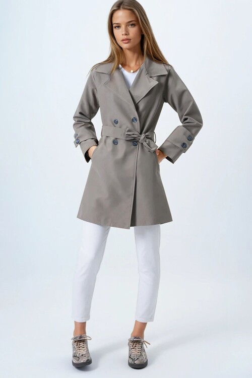 Haki Kruvaze Yaka Bağlamalı Astarlı Trençkot