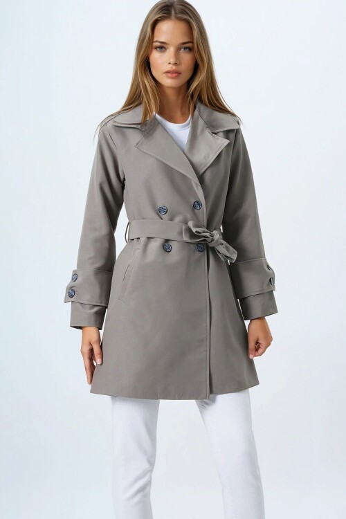 Haki Kruvaze Yaka Bağlamalı Astarlı Trençkot