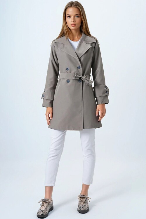 Haki Kruvaze Yaka Bağlamalı Astarlı Trençkot