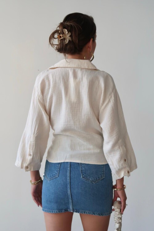 Krem Kruvaze Yaka Bağlamalı Müslin Bluz