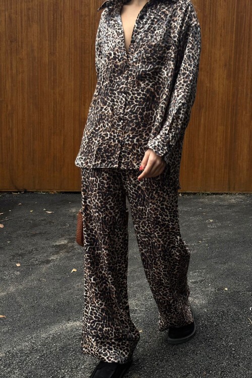 Siyah Leopar Desenli Gömlek Pantolon Alt Üst Takım