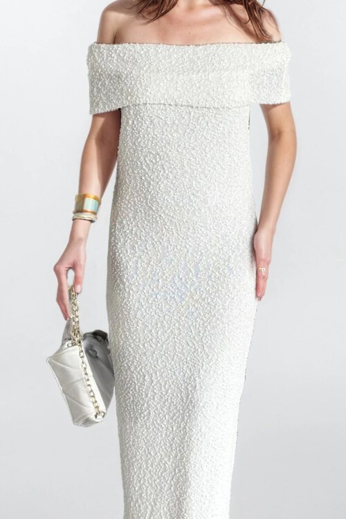 Beyaz Madonna Yaka Maxi Boy Straplez Elbise