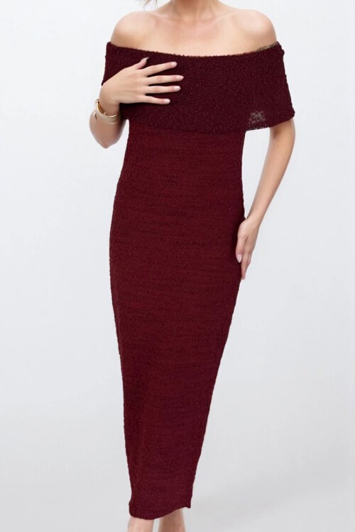 Bordo Madonna Yaka Maxi Boy Straplez Elbise