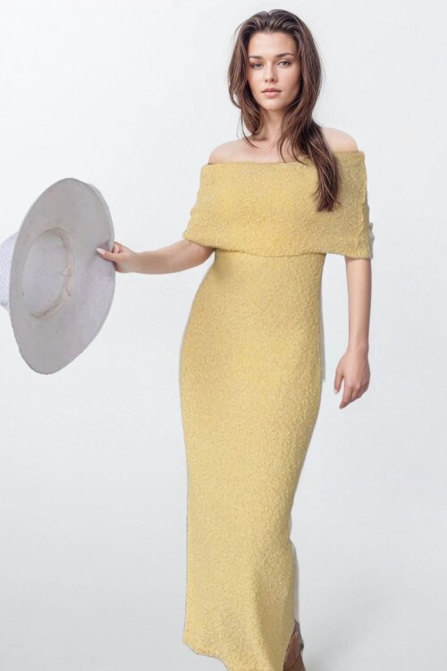 Sarı Madonna Yaka Maxi Boy Straplez Elbise