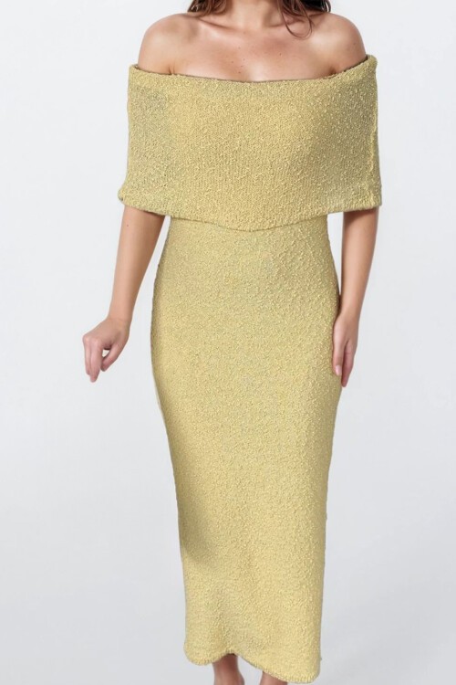 Sarı Madonna Yaka Maxi Boy Straplez Elbise