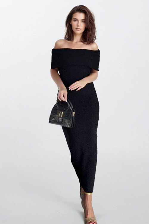 Siyah Madonna Yaka Maxi Boy Straplez Elbise