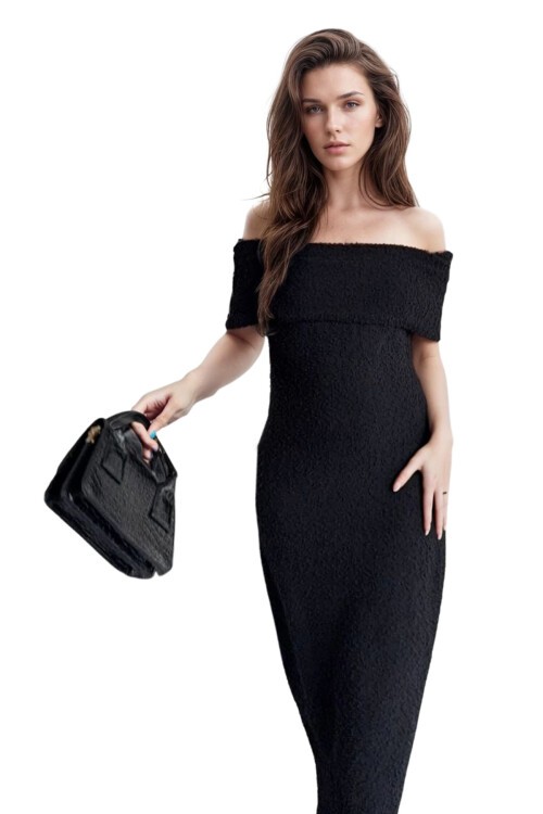 Siyah Madonna Yaka Maxi Boy Straplez Elbise