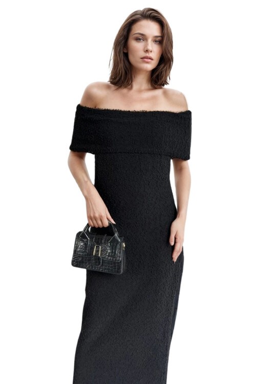 Siyah Madonna Yaka Maxi Boy Straplez Elbise