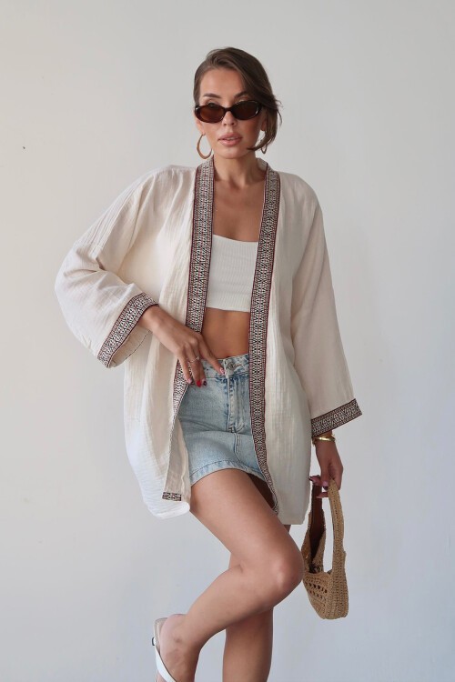 Krem Nakış Detaylı Keten Kimono