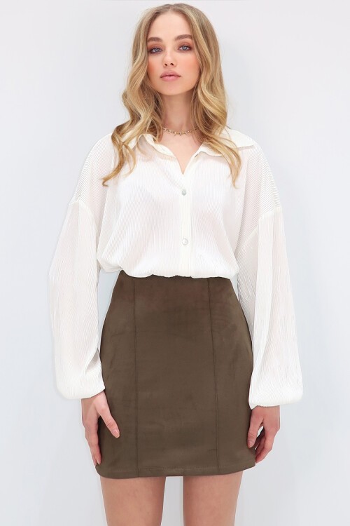 Haki Nervür Dikişli Süet Mini Etek