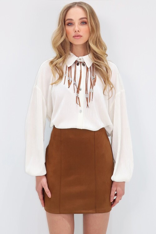 Taba Nervür Dikişli Süet Mini Etek