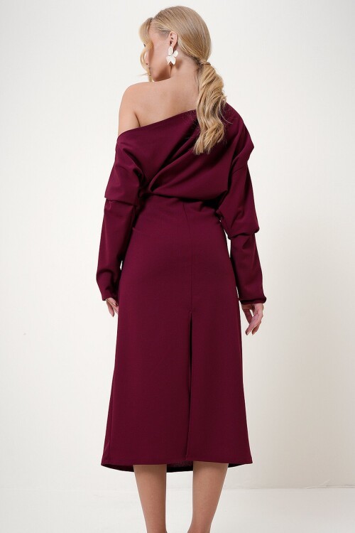 Bordo Omuz Dekolteli Drapeli Maxi Boy Krep Örme Elbise