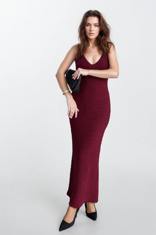 Bordo Ön Arka V Yaka Askılı Maxi Boy Elbise