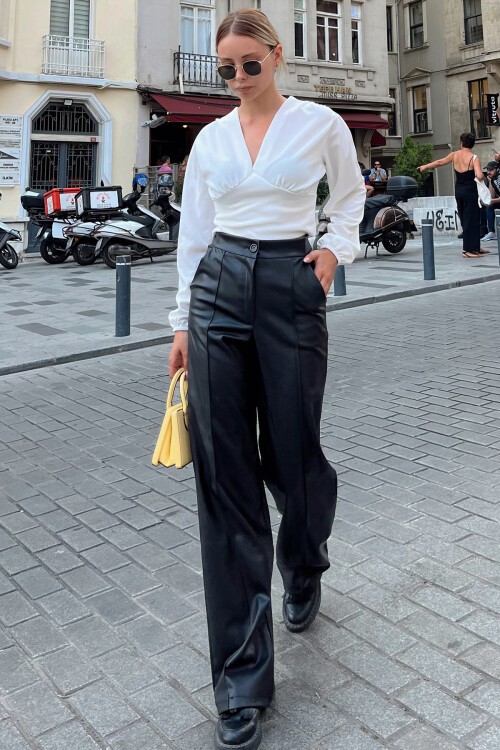 Siyah Önü Dikişli Çift Cepli Suni Deri Palazzo Pantolon