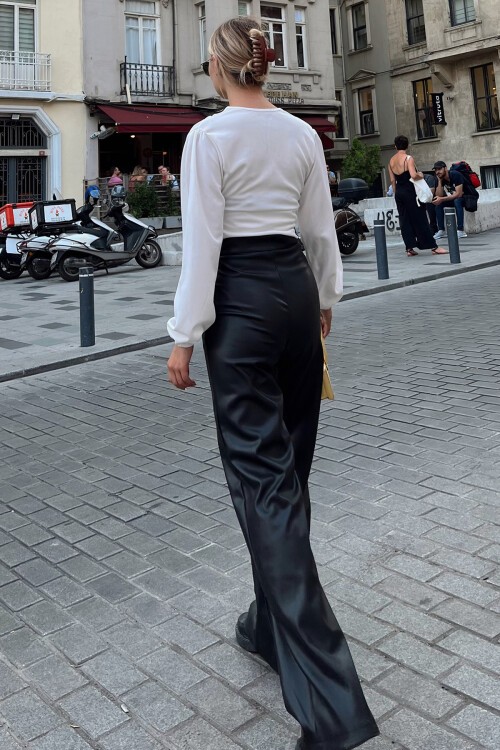 Siyah Önü Dikişli Çift Cepli Suni Deri Palazzo Pantolon