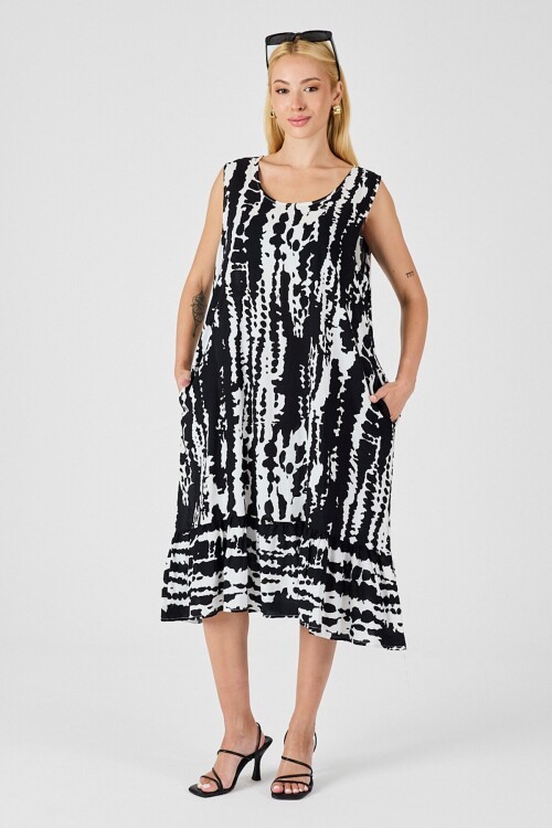 Siyah-Beyaz Oval Yaka Çift Cepli Volanlı Kolsuz Midi Elbise