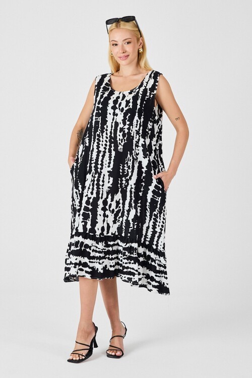 Siyah-Beyaz Oval Yaka Çift Cepli Volanlı Kolsuz Midi Elbise