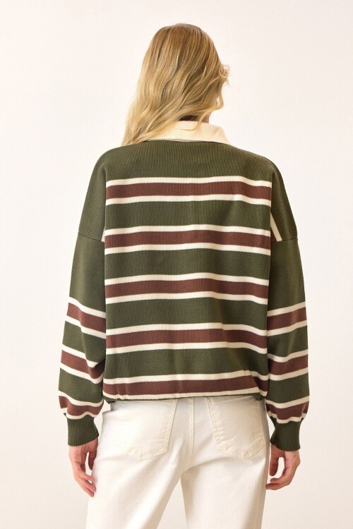 Yeşil Polo Yaka Düğmeli Triko Kazak