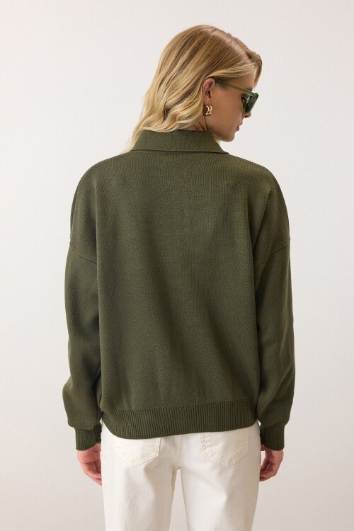 Haki Polo Yaka Düğmeli Triko Kazak