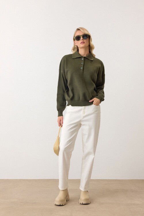 Haki Polo Yaka Düğmeli Triko Kazak