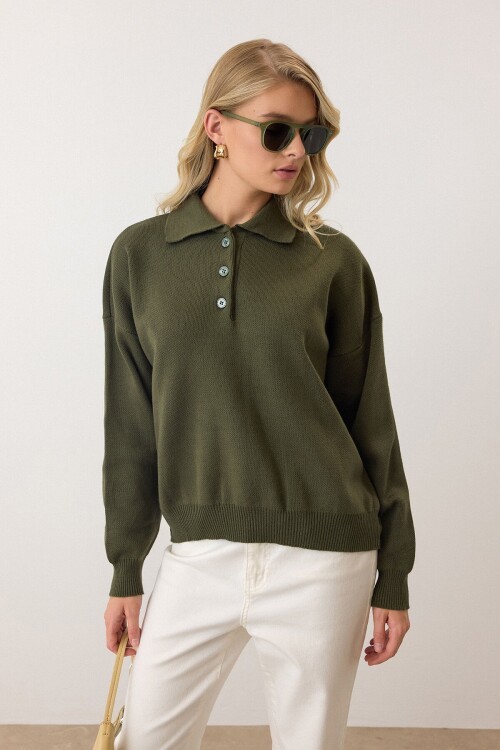 Haki Polo Yaka Düğmeli Triko Kazak
