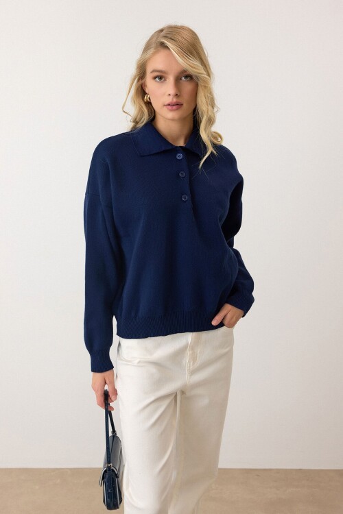 Lacivert Polo Yaka Düğmeli Triko Kazak