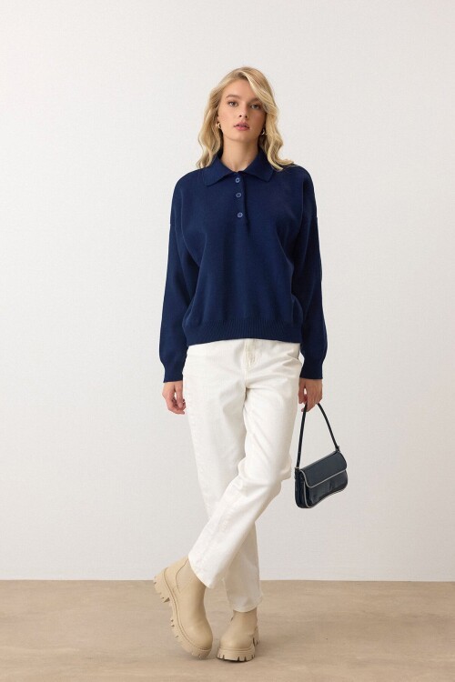 Lacivert Polo Yaka Düğmeli Triko Kazak