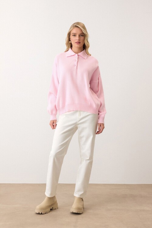Pembe Polo Yaka Düğmeli Triko Kazak