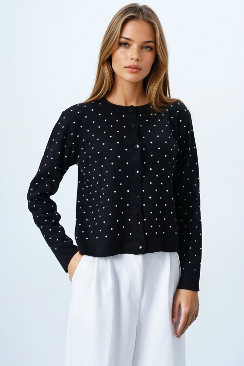 Siyah Puantiyeli Düğme Detaylı Bisiklet Yaka Bluz