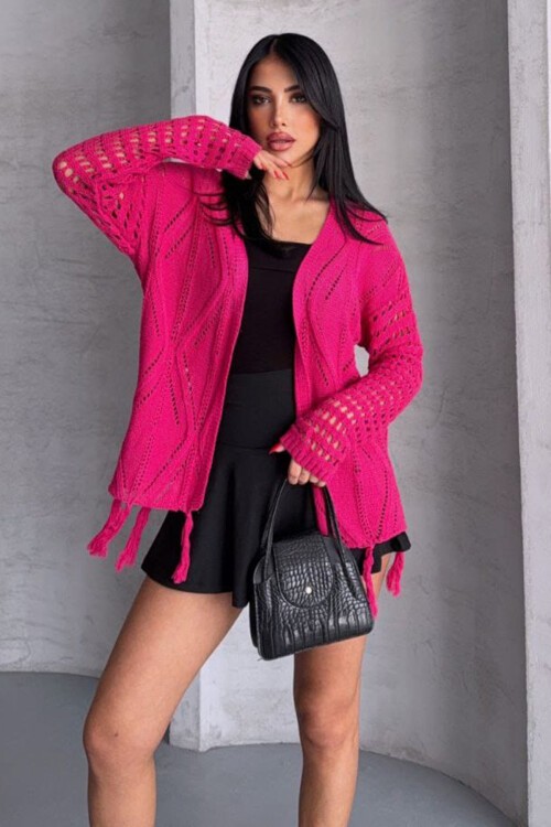 Fuşya Püsküllü Ajurlu Hırka