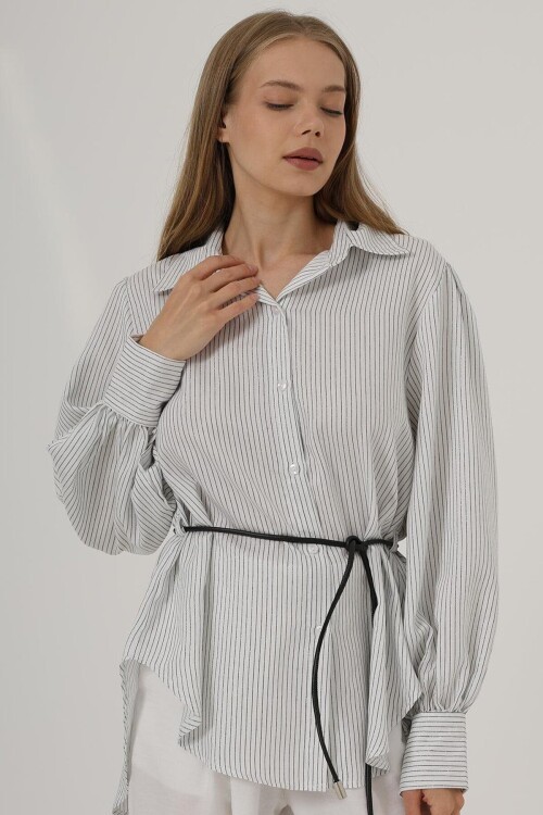 Beyaz Simli Çizgili İp Bağlamalı Oversize Gömlek