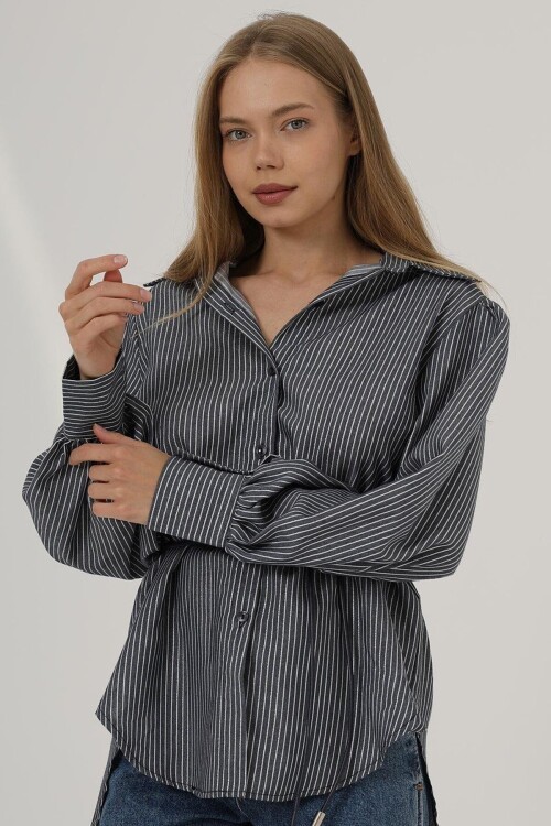 Lacivert Simli Çizgili İp Bağlamalı Oversize Gömlek