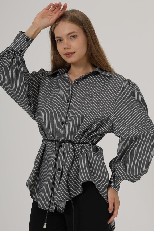 Siyah Simli Çizgili İp Bağlamalı Oversize Gömlek