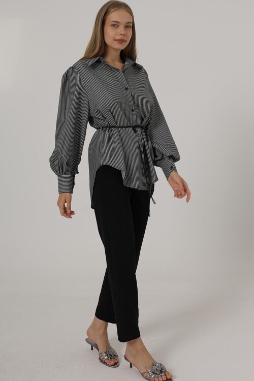 Siyah Simli Çizgili İp Bağlamalı Oversize Gömlek