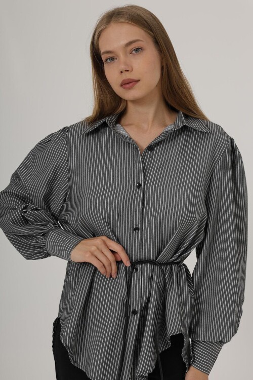 Siyah Simli Çizgili İp Bağlamalı Oversize Gömlek