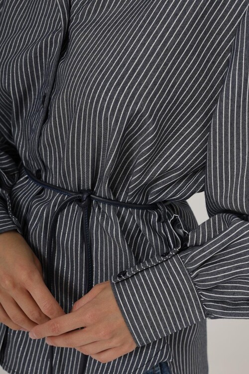 Lacivert Simli Çizgili İp Bağlamalı Oversize Gömlek