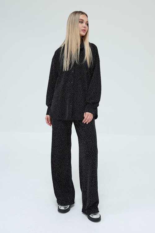 Siyah Taş İşlemeli Oversize Gömlek Ve Palazzo Pantolon Takım