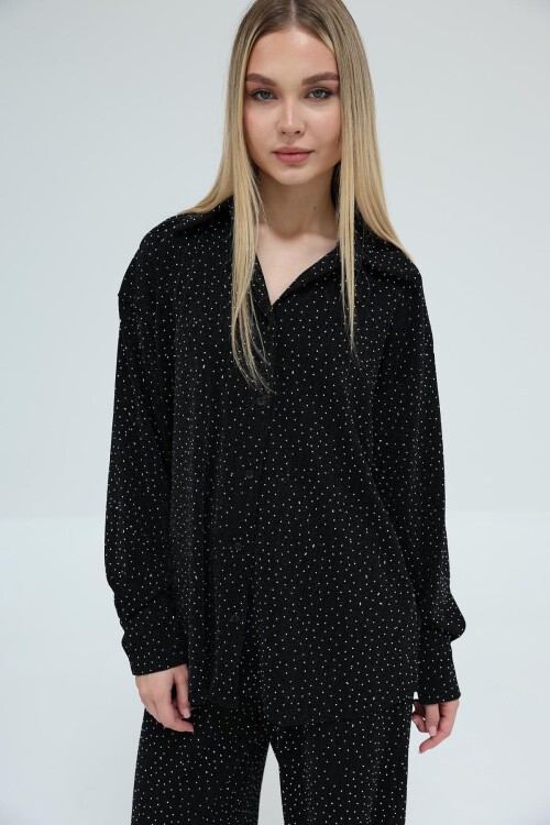 Siyah Taş İşlemeli Oversize Gömlek Ve Palazzo Pantolon Takım