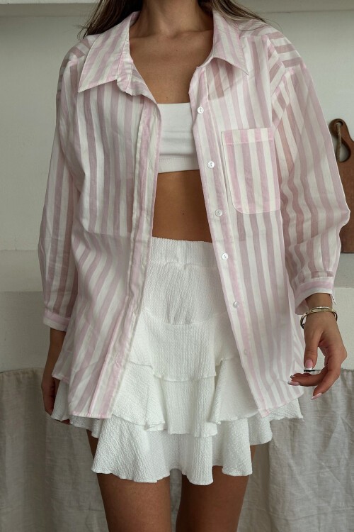 Pembe Tek Cepli Çizgili Oversize Gömlek