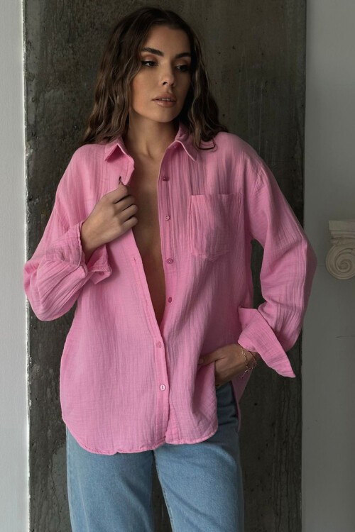 Pembe Tek Cepli Oversize Müslin Gömlek