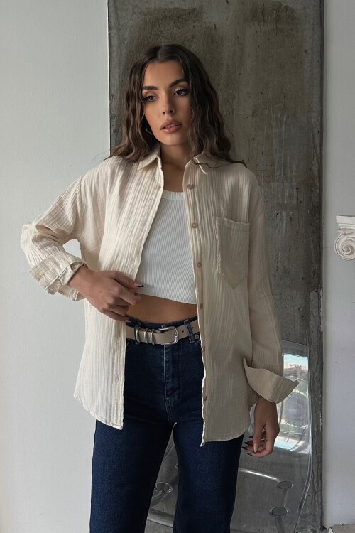 Krem Tek Cepli Oversize Müslin Gömlek
