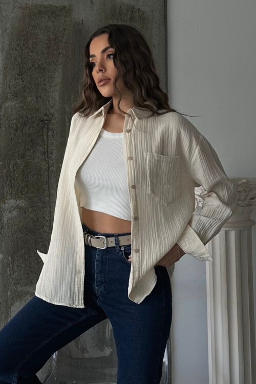 Krem Tek Cepli Oversize Müslin Gömlek