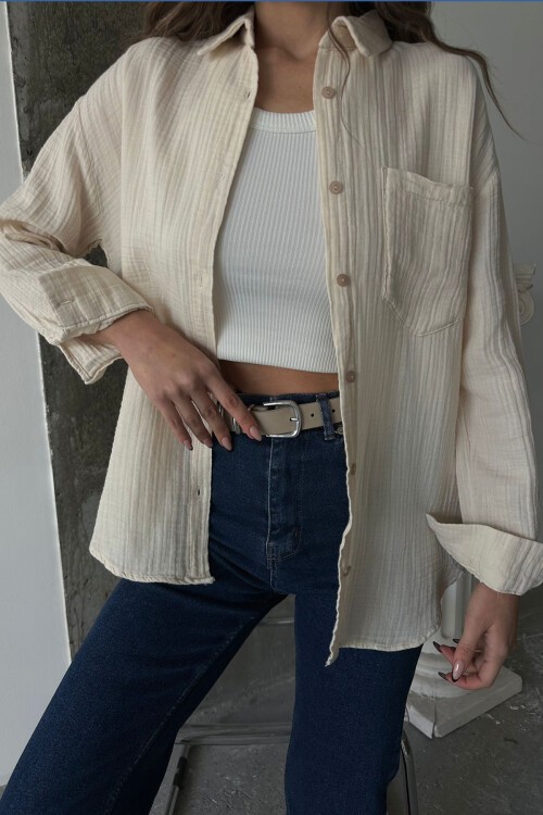 Krem Tek Cepli Oversize Müslin Gömlek
